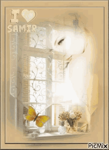 a picture of a woman looking out a window with the name samir on the bottom