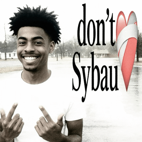 a young man giving the middle finger with the words " don 't sybau " behind him