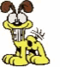 garfield is a yellow dog with brown ears and a crown on its head .
