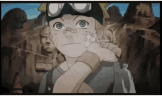 a cartoon of a boy wearing a hat and goggles looking at the camera