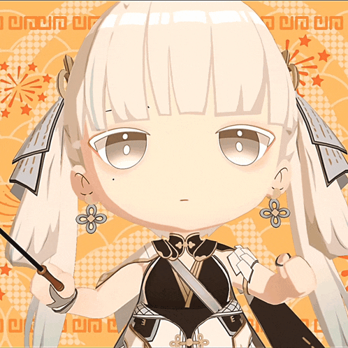 a girl with white hair is holding a wand in front of a background with chinese writing
