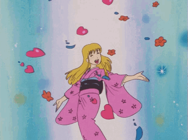 a cartoon of a girl in a pink kimono