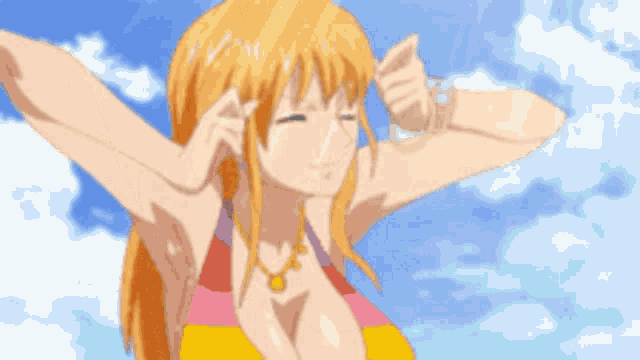a woman in a bikini is standing in the sun
