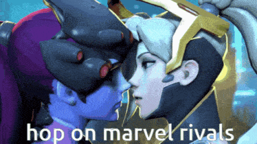 a couple of cartoon characters with the words hop on marvel rivals