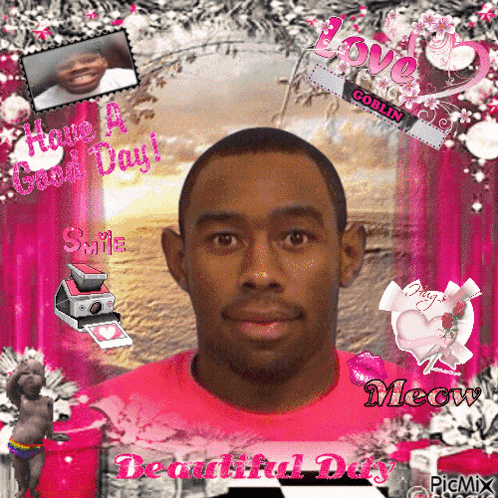 a picture of a man with the words have a good day smile meow