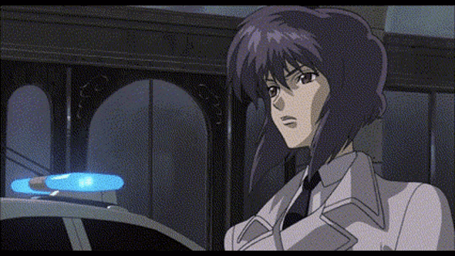a woman with purple hair is standing in front of a car