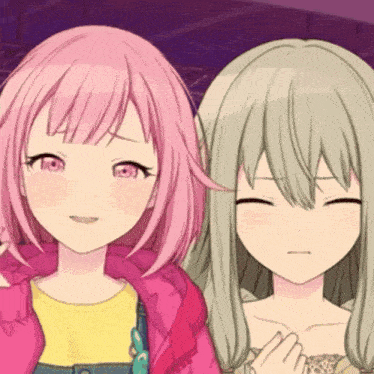 two anime girls are standing next to each other and one has pink hair