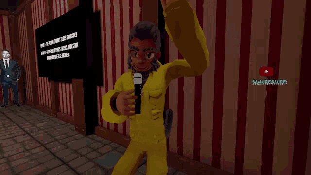 a man in a suit stands next to a man in a yellow suit holding a microphone