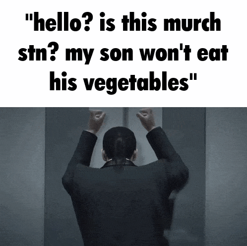a man in a suit stands in front of a sign that says " hello is this murch stn my son won 't eat his