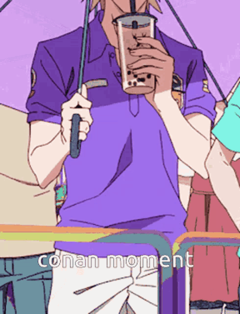 a man in a purple shirt is holding an umbrella and drinking a drink with a straw ..