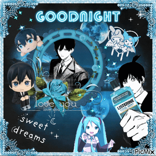 a collage of anime characters and a bottle of listerine mouthwash