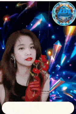 a woman is holding a red rose in front of a logo that says adb