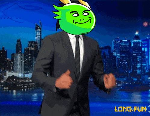a cartoon of a man in a suit and tie with a green face on his head and the words long fun on the bottom