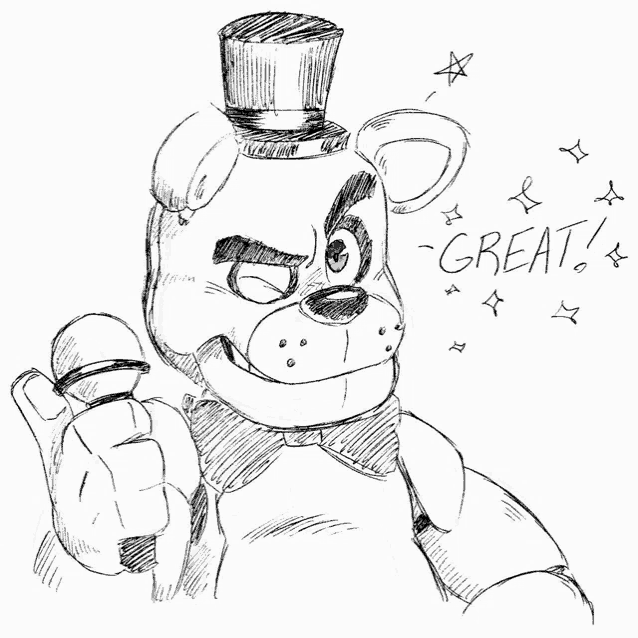 a black and white drawing of a teddy bear with a top hat and the word great