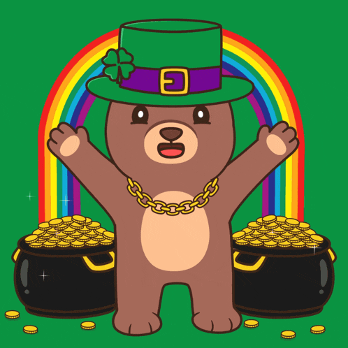 a teddy bear wearing a leprechaun hat and a gold chain is surrounded by pots of gold and a rainbow