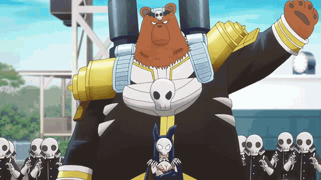 a cartoon bear with a skull on his chest stands in front of a group of skeletons