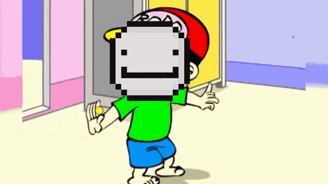 a cartoon character with a pixel face on his head is standing in a room .