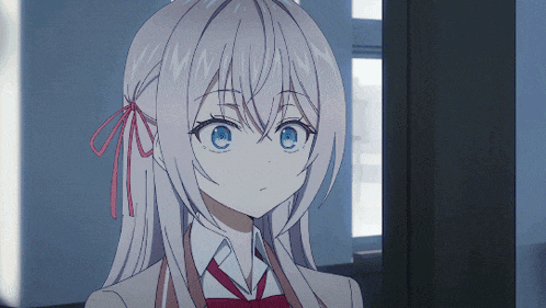 a girl with white hair and blue eyes has a red ribbon around her neck