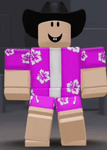 a cartoon character wearing a cowboy hat and a purple shirt with white flowers