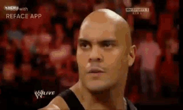 a bald man is standing in front of a crowd on a wrestling show .