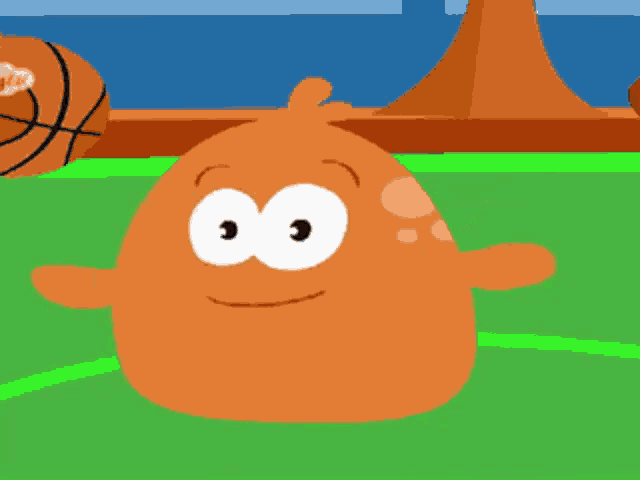 a cartoon character is smiling on a basketball court