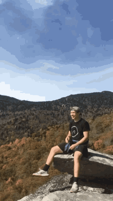 a man sitting on a rock with mountains in the background