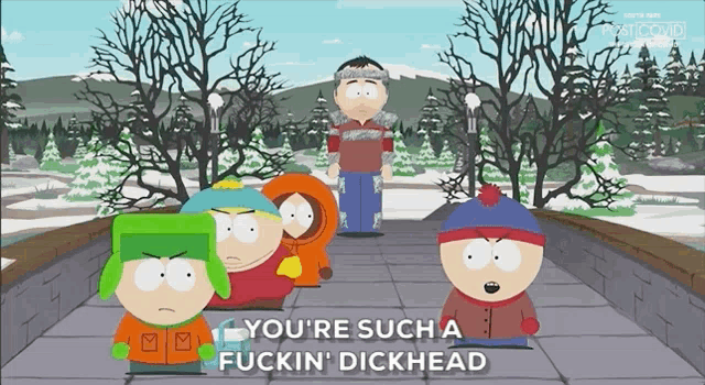 a group of south park characters standing on a bridge