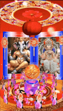 a picture of a statue of ganesha and a lantern with chinese characters on it