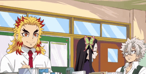 a group of anime characters are standing in a classroom talking to each other .