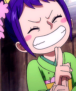 a cartoon girl with purple hair is giving a thumbs up sign