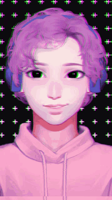 a girl with purple hair and green eyes wearing headphones