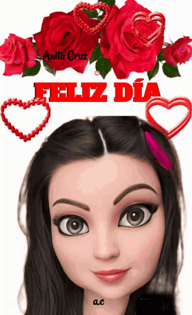 a picture of anita cruz with roses and hearts on it