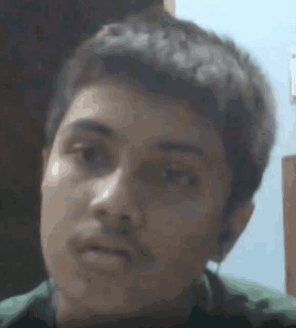 a man with a beard is wearing a green shirt and looking at the camera