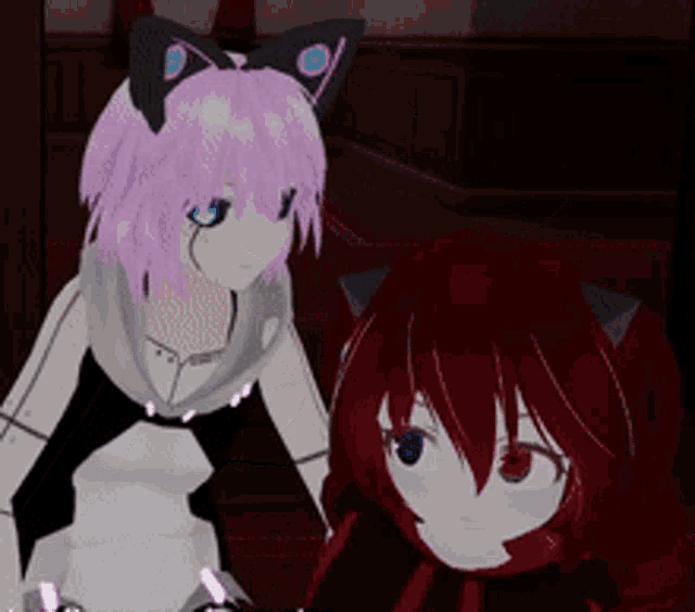a pink haired anime girl and a red haired anime girl standing next to each other