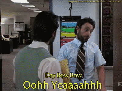 a man in a suit and tie says " day bow bow "