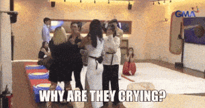 a group of people standing in a room with the words " why are they crying " on the bottom