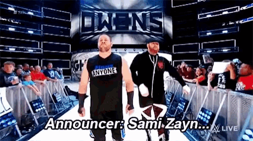 two wrestlers are walking into a wrestling ring with the words announcer sami zayn written on the bottom