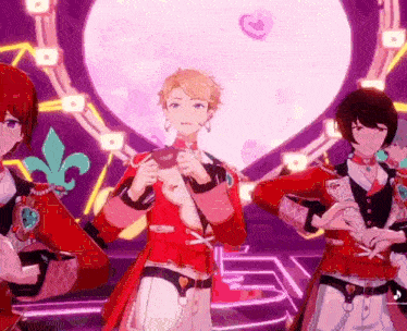 a group of anime characters are standing next to each other in front of a large heart .