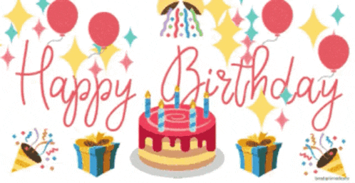 a happy birthday sign with a cake and gifts