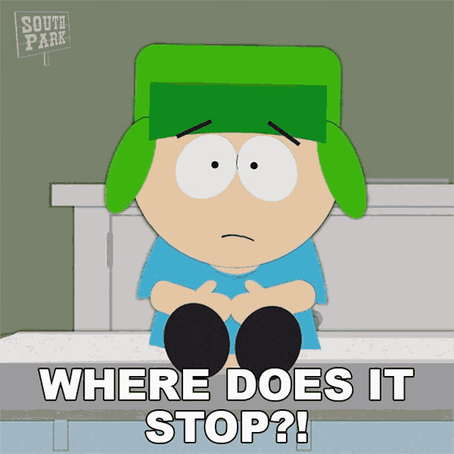 a cartoon character from south park is sitting on a bench and says where does it stop