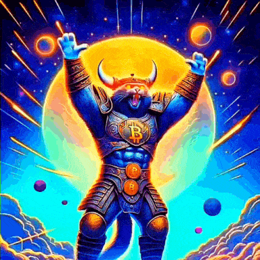 a painting of a cat wearing armor and a belt with a b on it