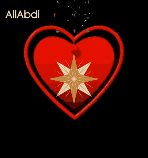 a red heart with a white star inside of it with the name aliabadi on the bottom