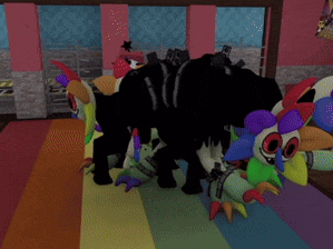 a bunch of stuffed animals are sitting on a rainbow rug and one of them says fortnite seth on it