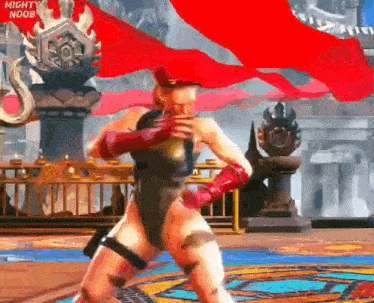 a woman in a leotard is dancing in a video game with the words mighty noob in the corner