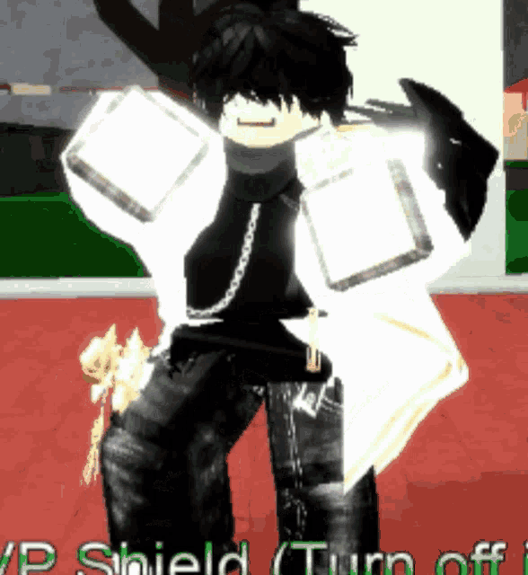 a person in a video game with a shield on their arms