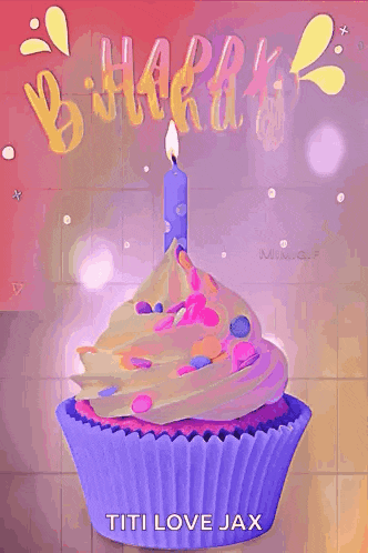a purple cupcake with a candle on top of it and the words happy birthday written on it .