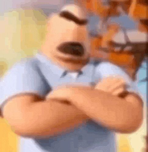 a cartoon character is standing with his arms crossed and his mouth open .