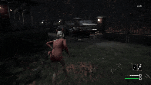 a screenshot of a video game shows a woman getting out of a car with the word yard on the screen