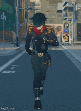 a person walking down a street with a sign that says ' p ' on it