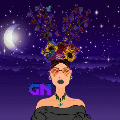 a drawing of a woman with flowers in her hair and the letter gn in the corner